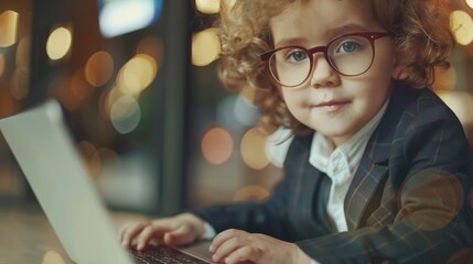 Young child in business attire using a laptop
