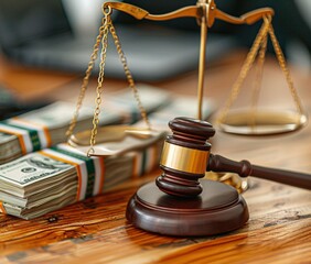 A gavel and scales of justice next to stacks of cash, symbolizing law and finance.