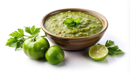 Fresh tomatillo salsa verde isolated on white background