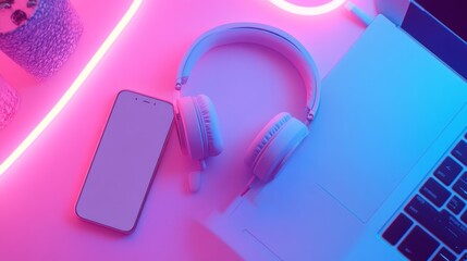A modern workspace with headphones, a smartphone, and a laptop illuminated by colorful lights.