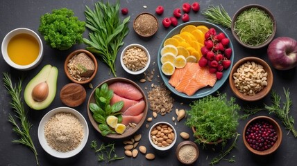 Healthy Assortment of Fresh Fruits, Vegetables, and Nuts Displayed on a Table