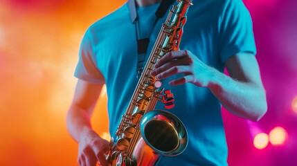 Obraz premium A musician playing the saxophone on stage with colorful lighting.