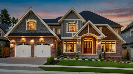 Obraz premium Luxury house exterior with brick and siding trim and double garage.