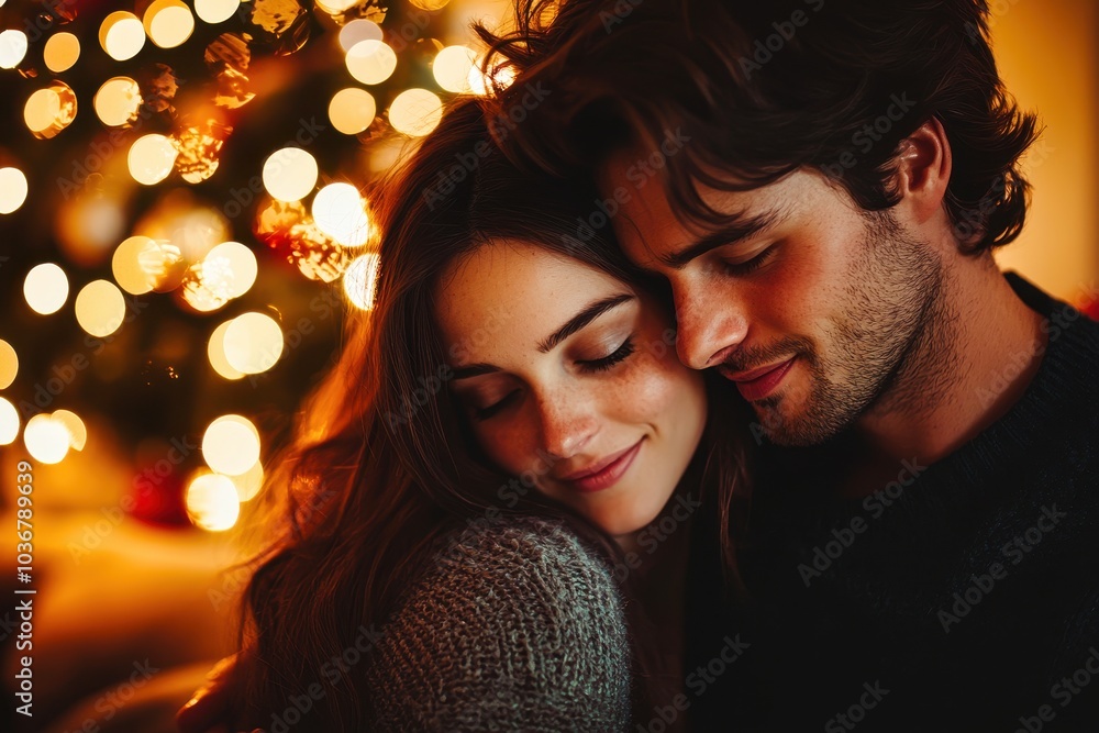 Wall mural romantic couple embracing in front of christmas tree at home