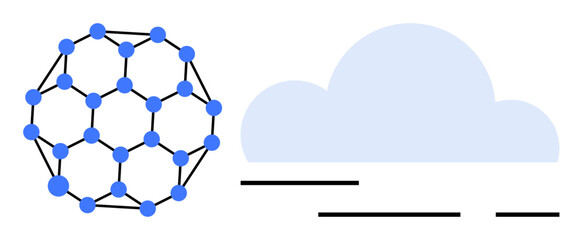 Obraz premium A geometric sphere structure with connected dots and a blue cloud with horizontal lines. Ideal for technology, data science, cloud computing, network, and digital concepts. Flat minimalist style