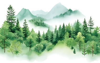Fototapeta premium Watercolor painting of a misty forest with mountains in the background.