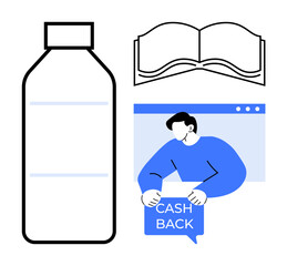 Various elements including a plastic bottle, an open book, and a person holding a cashback sign. Ideal for environmental awareness, recycling education, financial literacy, promotional campaigns