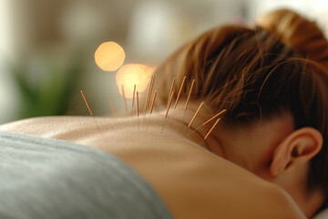 Acupuncture session with needles inserted into female back, alternative medicine for pain relief and relaxation, blend of sensory relaxation and therapeutic intervention for young woman health