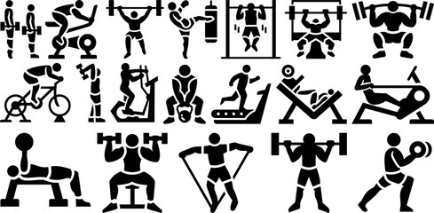 Weightlifting and Gym Equipment Icon Set - Silhouette Vector Illustrations of Strength Training, Cardio Machines, Dumbbells, and Fitness Activities. Ideal for Fitness Programs, Apps, and Gym Branding.