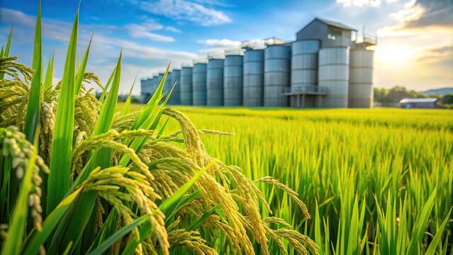 Landscape shot of a rice mill and green rice field with macro details