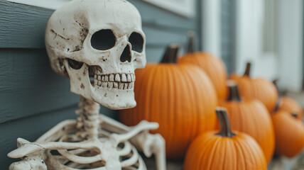skeleton beside vibrant pumpkins creates festive autumn scene