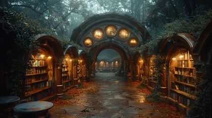 Fototapeta premium A mystical library path surrounded by nature, illuminated by warm lights.