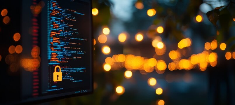 Cybersecurity and Source Code Programming Data on Screen With Encryption Icon, Bokeh Background