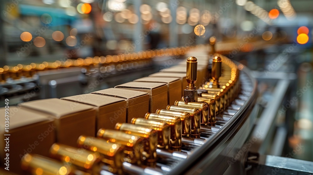 Poster a production line with golden caps and boxes in a factory setting.