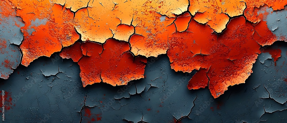 Poster close-up of a textured surface featuring vibrant orange and red paint peeling against a dark blue ba