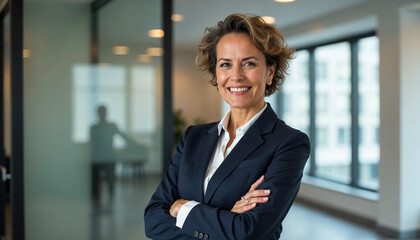 Happy cheerful 45 year old Latin professional mid aged business woman corporate leader, smiling positive mature female executive manager standing in office arms crossed looking at camera,
