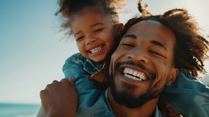 Joyful parent and daughter playfully interacting outdoors, sharing laughter and smiles during a vacation, enjoying quality time together on the beach
