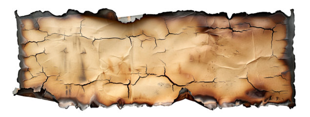 Piece of burnt parchment, sheet of paper with cracked and scorched edges, featuring dark burnt patterns. Isolated cutout template on transparent or white background.