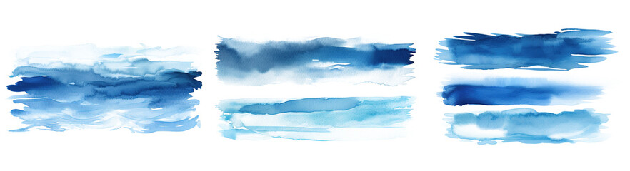Collection of blue watercolor paint strokes and stripes in various shades. Isolated cutout on transparent or white background.