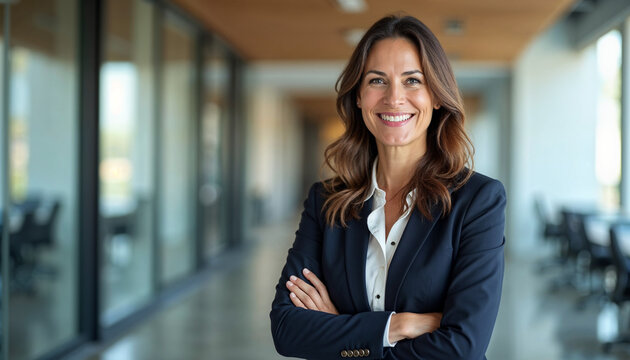 Happy cheerful 45 year old Latin professional mid aged business woman corporate leader, smiling positive mature female executive manager standing in office arms crossed looking at camera, - Powered by Adobe