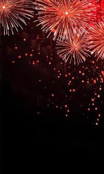 2025 New Year's Eve Party Celebration background vertical video. Red fireworks dark bokeh background vertical video. Copy paste area for text