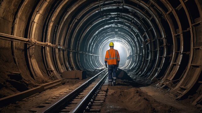 Construction Worker Walking in Illuminated Underground Tunnel with Railway Tracks