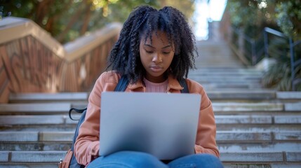College education: a woman studying on stairs with a laptop, engaging in online learning and focused on exam preparation