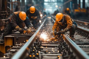 A team of dedicated railway workers is focused on repairing damaged tracks in an industrial setting, creating sparks as they work efficiently in the afternoon light.