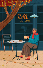 Person drinks coffee or tea outdoor, autumn vibe. Vector banner, vertical flyer. Free time relaxation, resting alone. Exterior of the cafe. Cozy atmosphere. Seasonal rest. Happiness lifestyle.