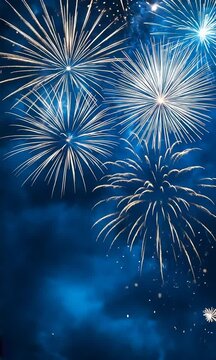 2025 New Year's Eve Party Celebration background vertical video. Blue fireworks dark blue bokeh background vertical video. Copy paste area for text