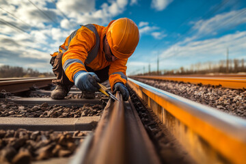 A railway worker in an orange safety vest and hard hat is carefully inspecting and maintaining railroad tracks on a sunny afternoon, focusing on safety and functionality.