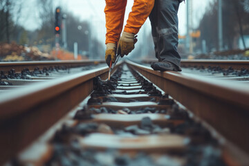 A railway worker in an orange safety vest and hard hat is carefully inspecting and maintaining railroad tracks on a sunny afternoon, focusing on safety and functionality.