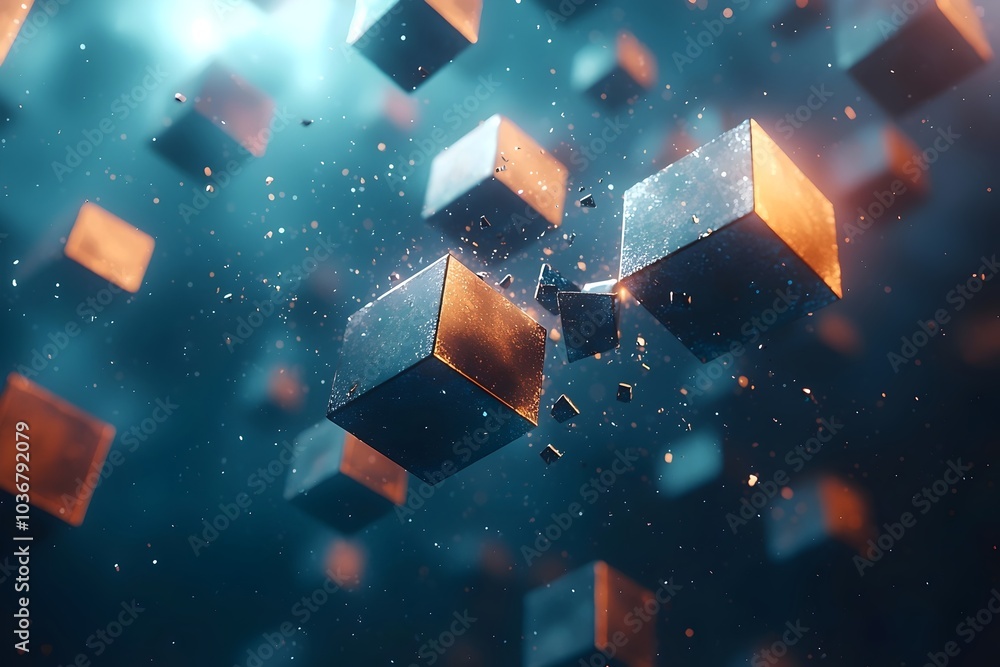Poster an abstract representation of floating geometric blocks in a mesmerizing interplay of light and colo