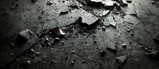 Close-up shot of shattered black rocks and jagged debris on a textured surface, creating a dramatic and moody atmosphere.