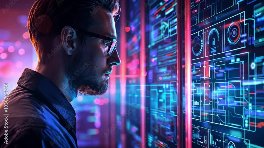 Poster A focused individual studies intricate digital data and visual displays in a futuristic environment, immersed in the technological advancements late at night, enhancing skills and knowledge.