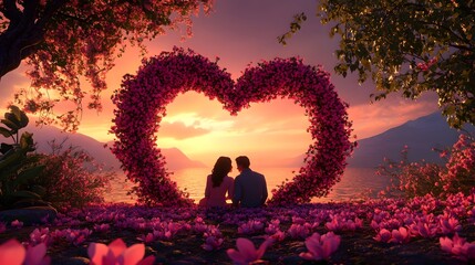 Romantic couple sitting together under a heart-shaped arch of flowers: 3D-rendered couple sitting under a heart-shaped arch covered in flowers in a softly lit evening setting