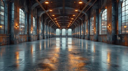 Fototapeta premium A spacious industrial hall with large windows and reflective flooring, ideal for events or gatherings.