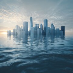Submerged City Skyline   Skyscrapers Emerging from Flooded Urban Landscape Global Warming Concept