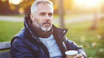 Middle-aged man with slight tremor holding cup of coffee on park bench, symbolizing struggle with Parkinson's disease, calm natural setting.