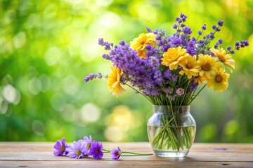 Delicate purple and yellow flowers arranged in a vase with a lush greenery background, featuring lavender stems, lavender flowers, springtime flowers, delicate petals