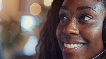 Customer service professional with a smile, engaged in telecom sales and support, using technology and offering a friendly approach in telemarketing