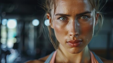 Serious woman in gym after workout. Ambitious and focused trainer standing confidently in fitness center ready for routine training exercises