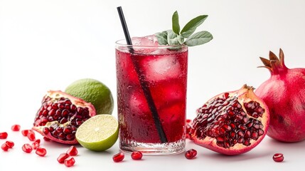 A refreshing pomegranate drink garnished with lime and mint, showcasing vibrant colors.