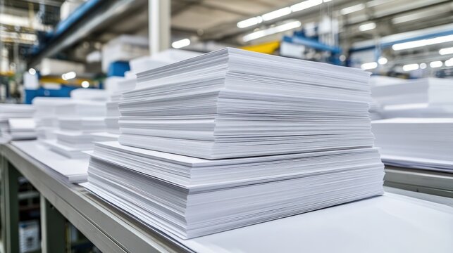 A stack of white paper sheets in a printing factory.