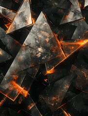 Fototapeta premium An abstract composition of sharp, fragmented glass-like shapes illuminated by fiery orange hues, creating a dramatic contrast against a dark background.