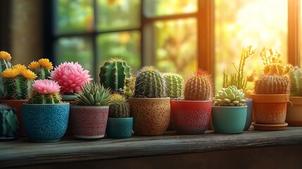 A set of colorful pots containing various types of cacti, placed on a wooden shelf near a sunlit window