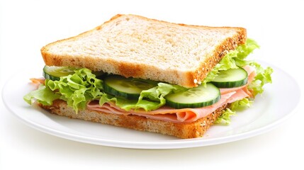 A sandwich made with bread, lettuce, cucumbers, and ham, served on a plate.