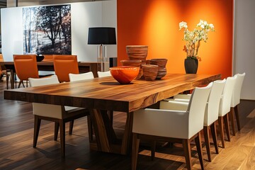 modern wooden dining table set and chairs in stylish orange and white room with elegant wooden floor 