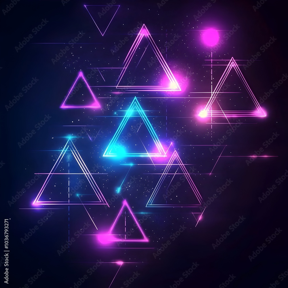 Poster mesmerizing neon triangles against a sleek dark background with subtle grid overlay