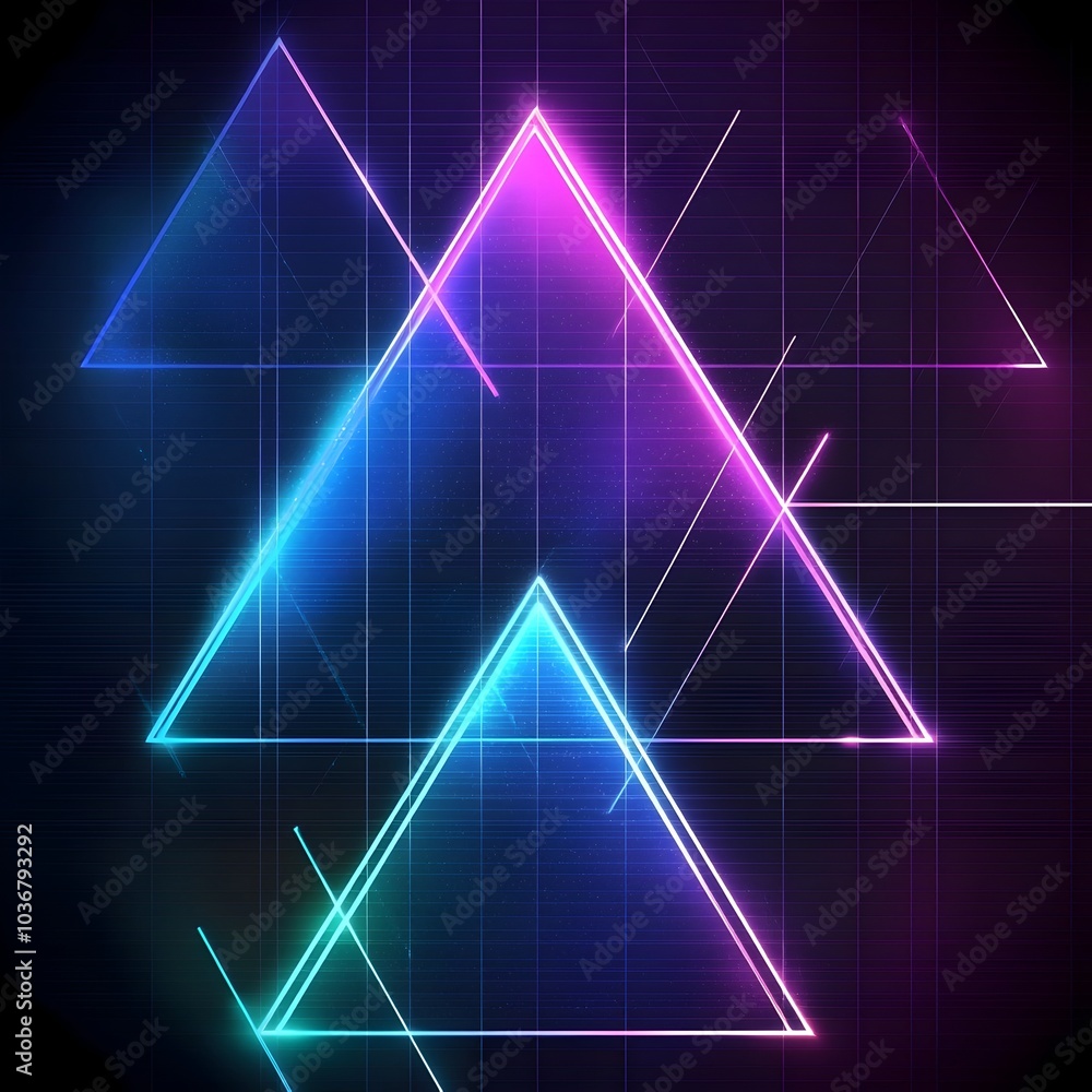 Poster floating neon triangles on dark digital background with grid overlay
